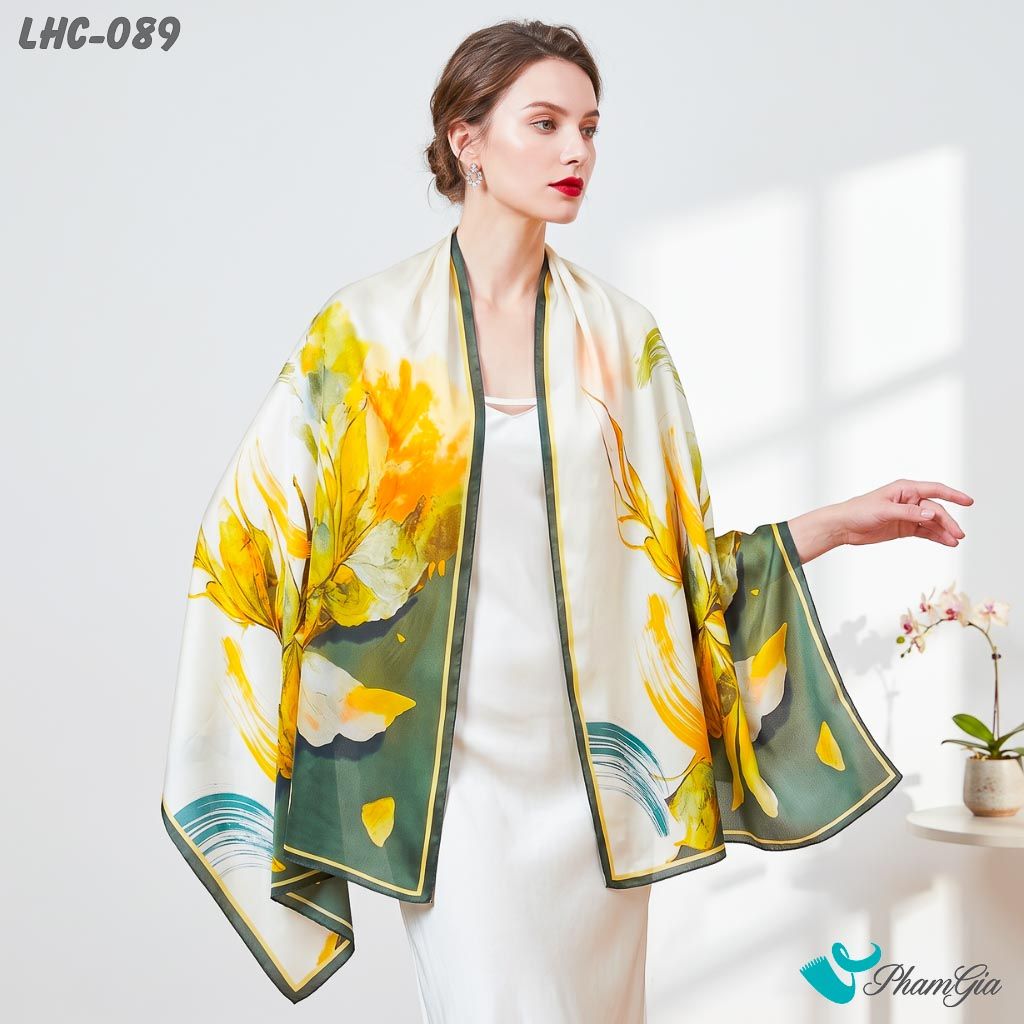 Khăn Choàng Lụa Hàng Châu Họa Tiết Hoa Lá Phong Cách Vẽ Màu Vàng Trang Nhã (LHC089)