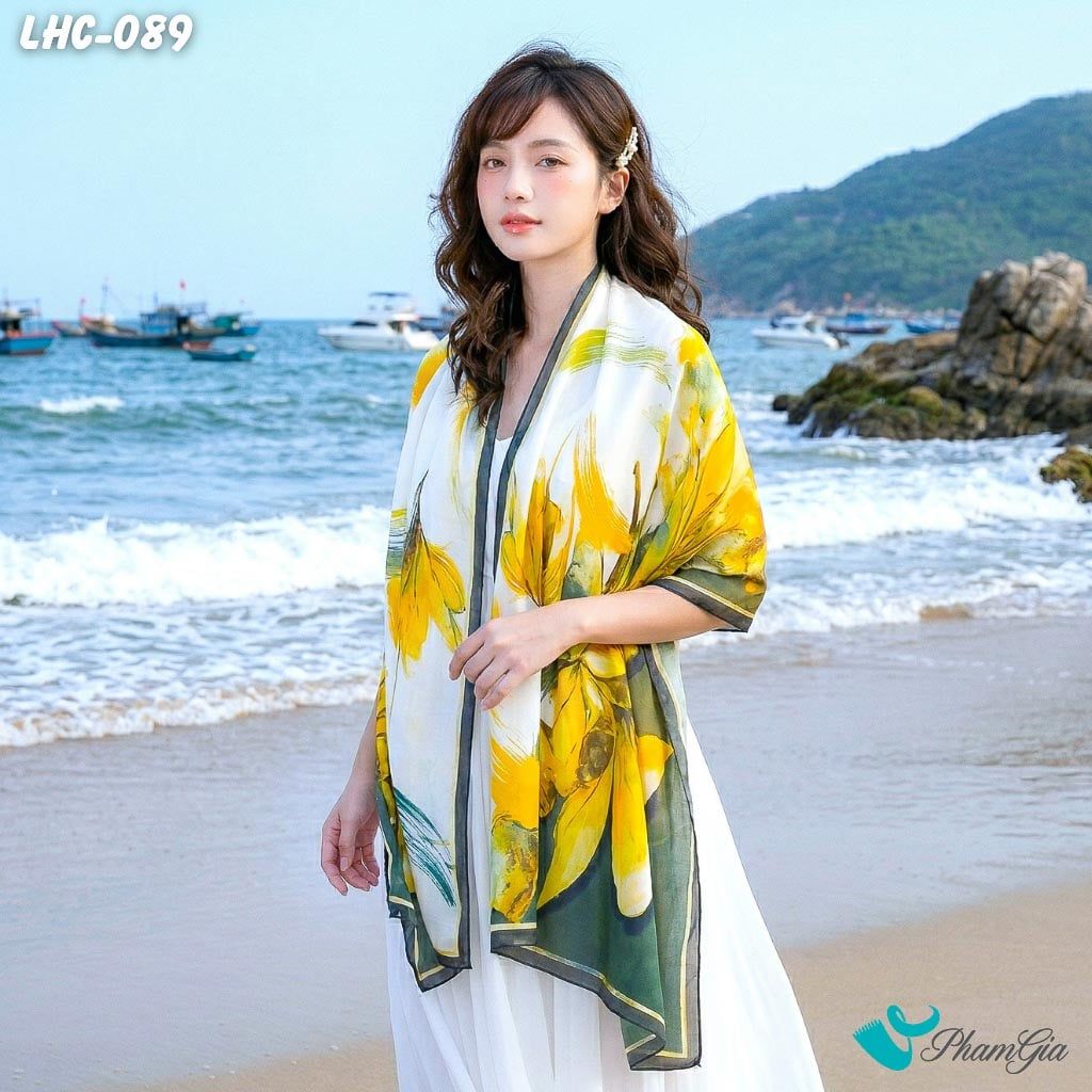 Khăn Choàng Lụa Hàng Châu Họa Tiết Hoa Lá Phong Cách Vẽ Màu Vàng Trang Nhã (LHC089)