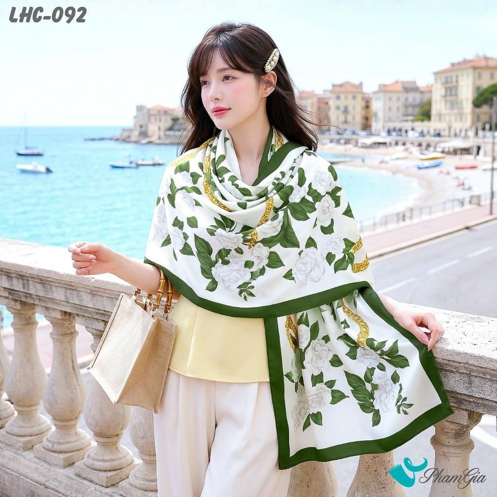 Khăn Choàng Lụa Hàng Châu Màu Trắng Họa Tiết Hoa Trà Thanh Lịch (LHC092)