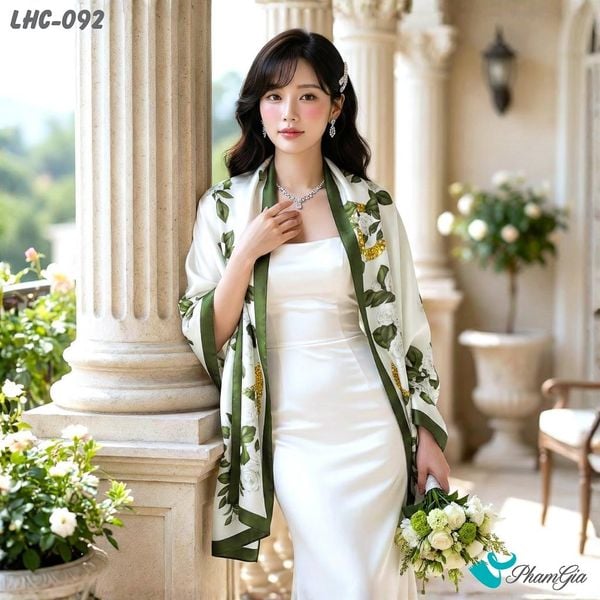 Khăn Choàng Lụa Hàng Châu Màu Trắng Họa Tiết Hoa Trà Thanh Lịch (LHC092)
