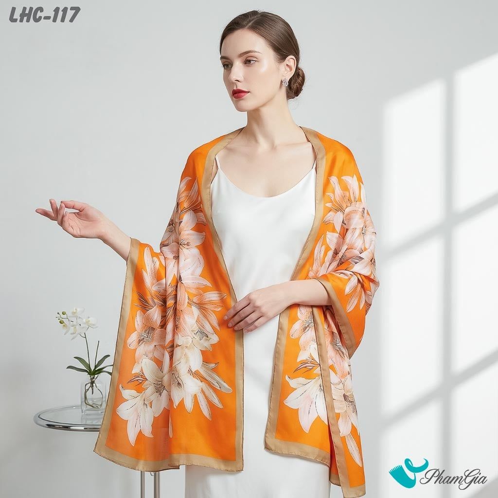 Khăn Choàng Lụa Hàng Châu Màu Cam Họa Tiết Hoa Lily Thanh Lịch (LHC117)