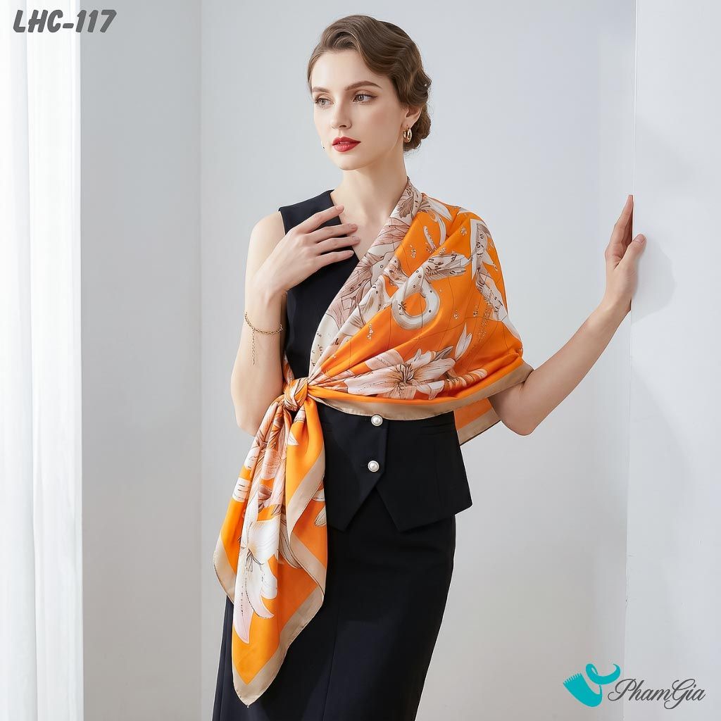 Khăn Choàng Lụa Hàng Châu Màu Cam Họa Tiết Hoa Lily Thanh Lịch (LHC117)