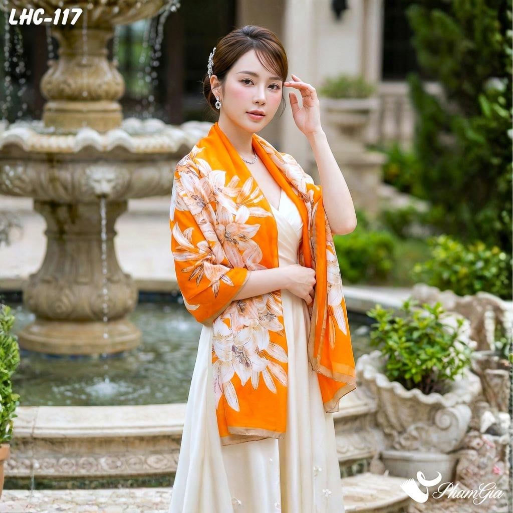 Khăn Choàng Lụa Hàng Châu Màu Cam Họa Tiết Hoa Lily Thanh Lịch (LHC117)