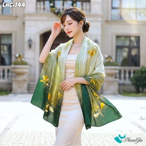 Khăn Choàng Lụa Hàng Châu Màu Xanh Rêu Họa Tiết Lá Vàng Sang Trọng (LHC144)