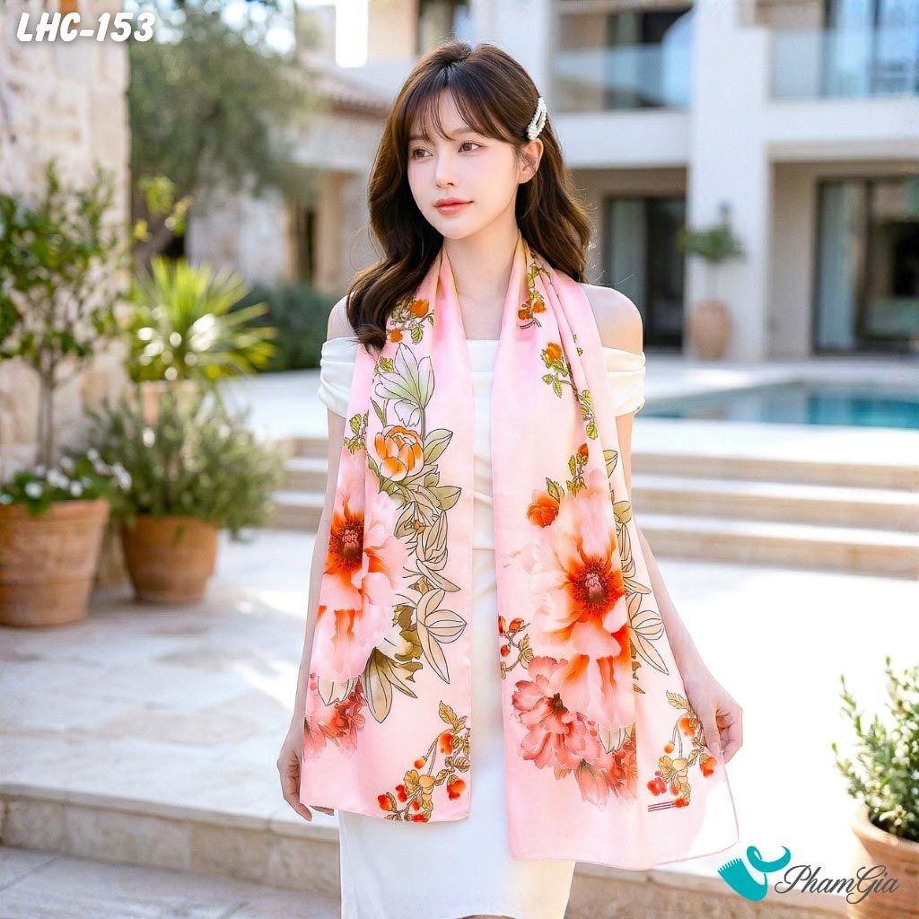 Khăn Choàng Lụa Hàng Châu Màu Hồng Phấn Họa Tiết Hoa Mẫu Đơn Thanh Lịch (LHC153)