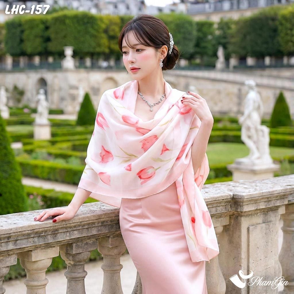Khăn Choàng Lụa Hàng Châu Màu Hồng Baby Họa Tiết Hoa Tulip Ngọt Ngào (LHC157)