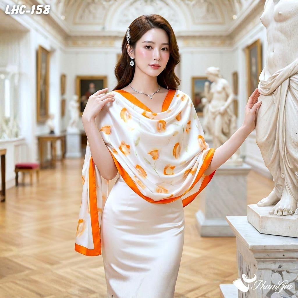 Khăn Choàng Lụa Hàng Châu Màu Cam Họa Tiết Hoa Tulip Thanh Lịch (LHC158)