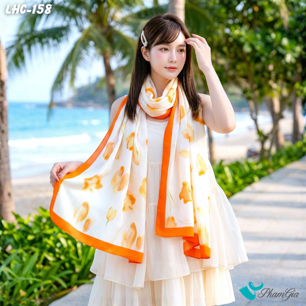 Khăn Choàng Lụa Hàng Châu Màu Cam Họa Tiết Hoa Tulip Thanh Lịch (LHC158)