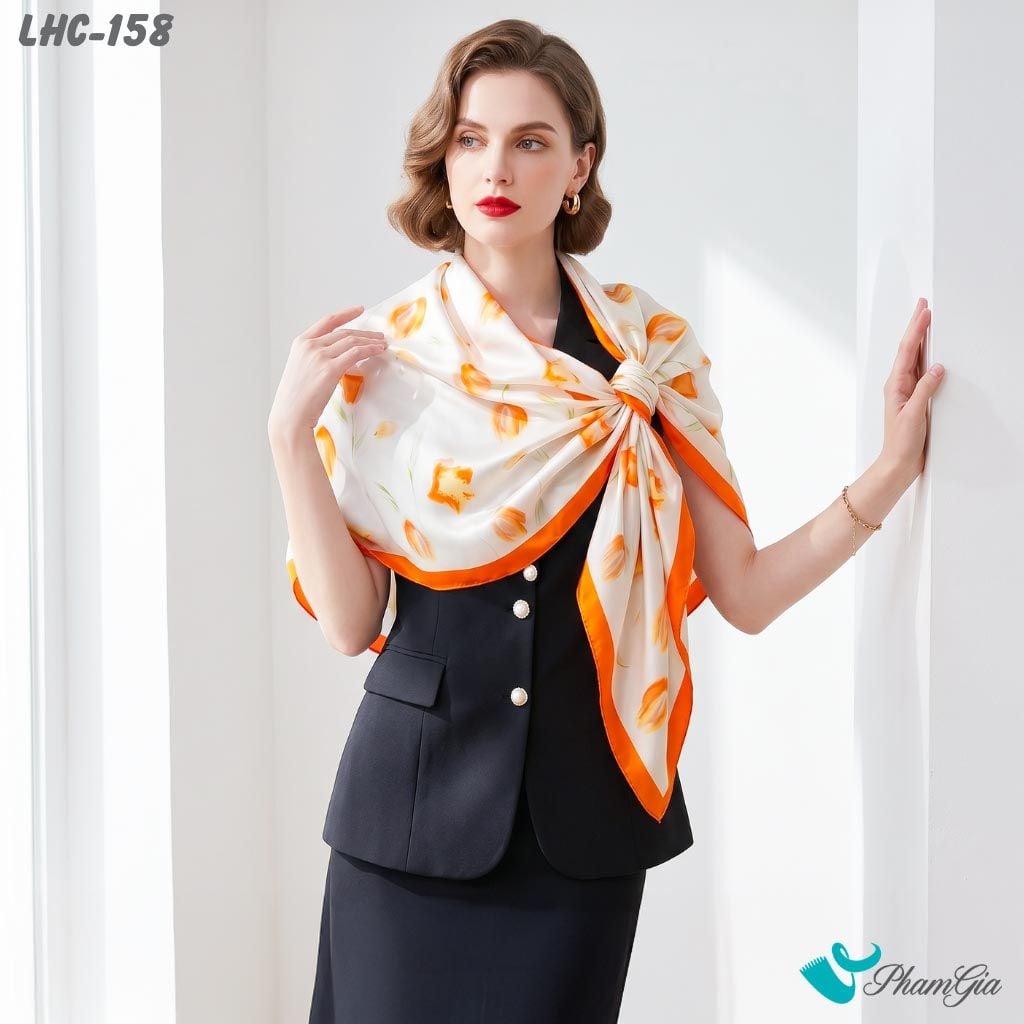 Khăn Choàng Lụa Hàng Châu Màu Cam Họa Tiết Hoa Tulip Thanh Lịch (LHC158)