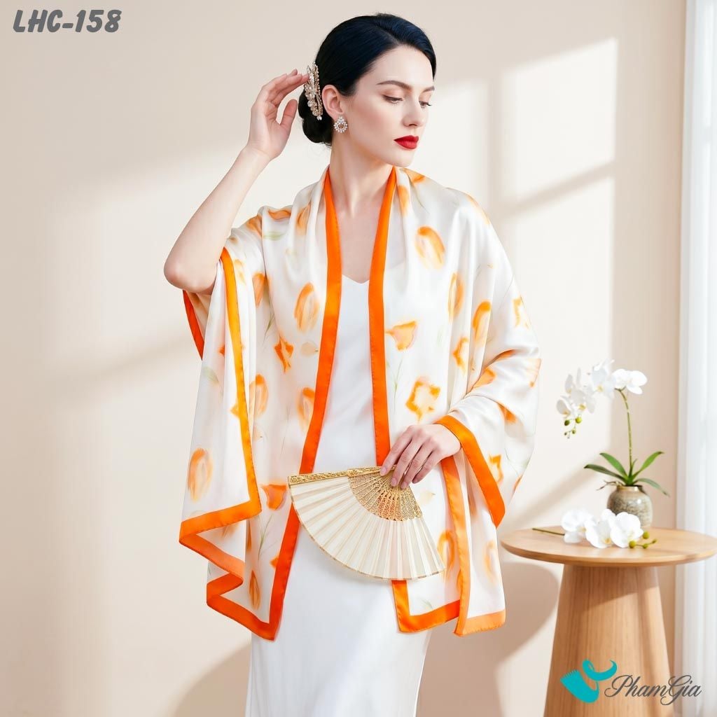 Khăn Choàng Lụa Hàng Châu Màu Cam Họa Tiết Hoa Tulip Thanh Lịch (LHC158)