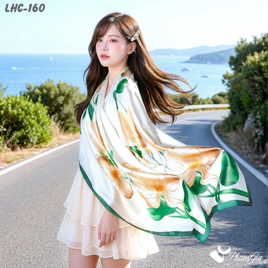 Khăn Choàng Lụa Hàng Châu Màu Trắng Họa Tiết Hoa Lily Vàng Tinh Tế (LHC160)
