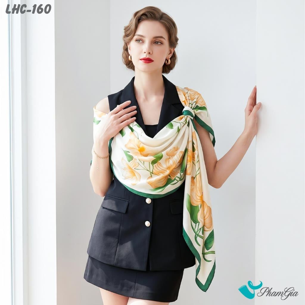 Khăn Choàng Lụa Hàng Châu Màu Trắng Họa Tiết Hoa Lily Vàng Tinh Tế (LHC160)
