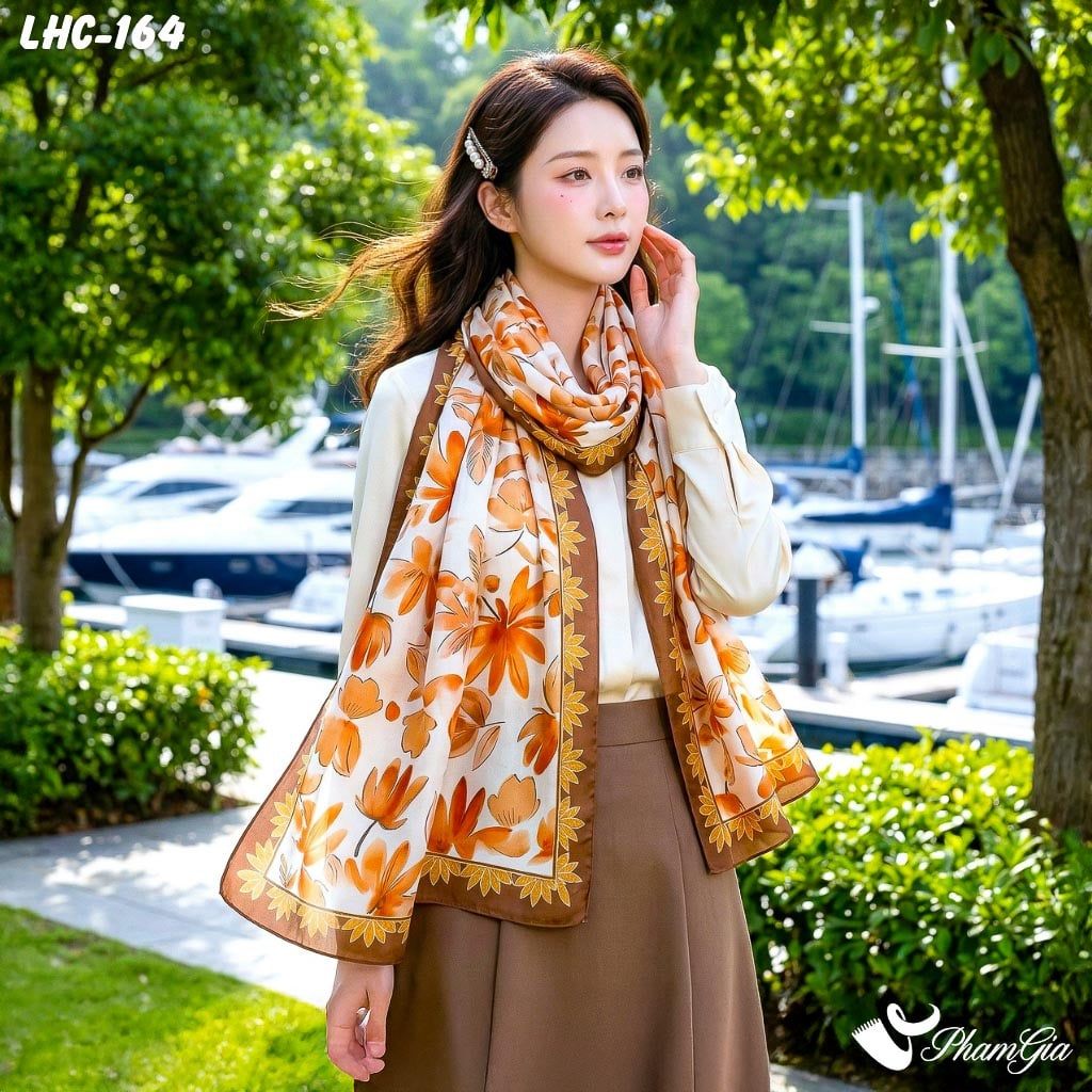 Khăn Choàng Lụa Hàng Châu Họa Tiết Hoa Lá Màu Cam Đất Tinh Tế (LHC164)