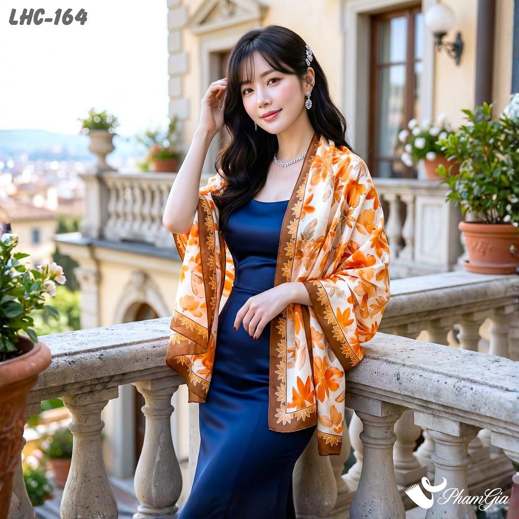 Khăn Choàng Lụa Hàng Châu Họa Tiết Hoa Lá Màu Cam Đất Tinh Tế (LHC164)