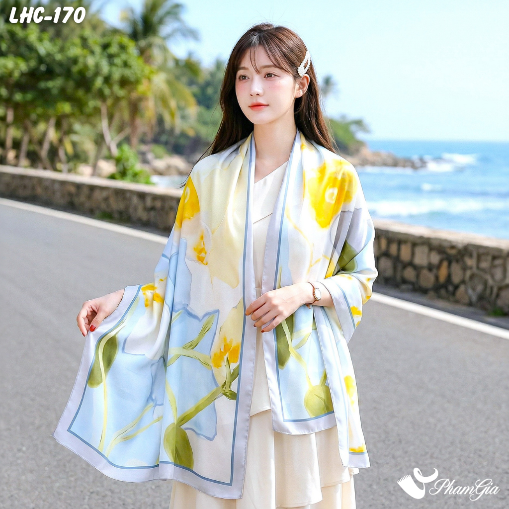 Khăn Choàng Lụa Hàng Châu Màu Hồng Kem Họa Tiết Hoa Đồng Tiền Trang Nhã (LHC170)