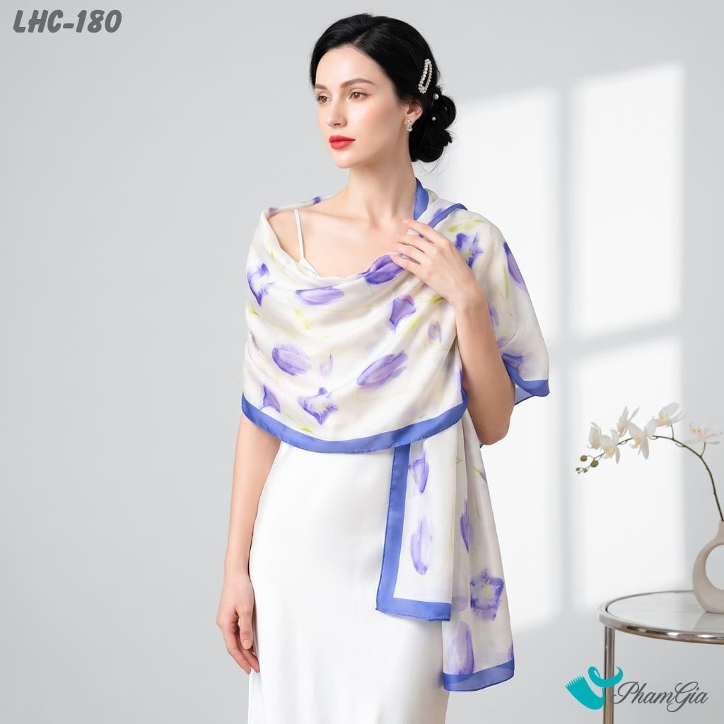 Khăn Choàng Lụa Hàng Châu Màu Tím Lilac Họa Tiết Hoa Tulip Ngọt Ngào (LHC180)
