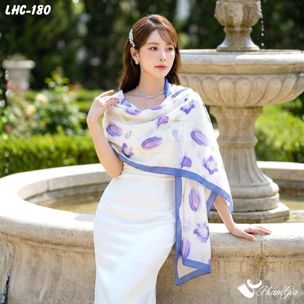 Khăn Choàng Lụa Hàng Châu Màu Tím Lilac Họa Tiết Hoa Tulip Ngọt Ngào (LHC180)