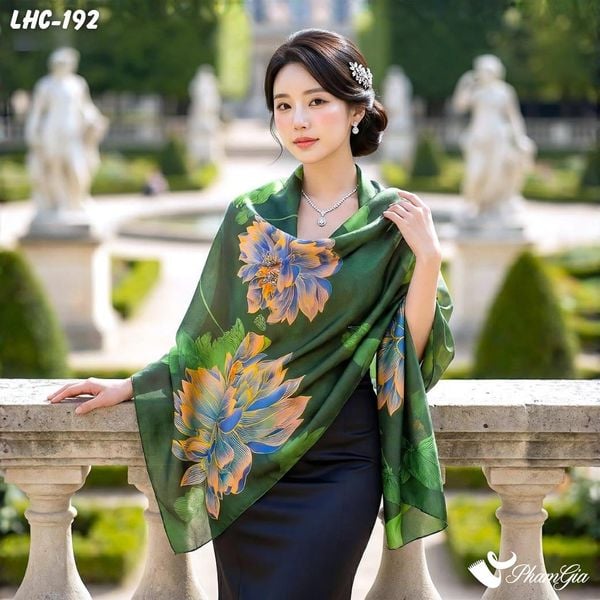 Khăn Choàng Lụa Hàng Châu Màu Xanh Rêu Họa Tiết Hoa Mẫu Đơn Huyền Bí (LHC192)