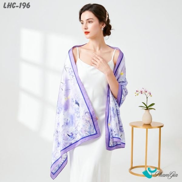 Khăn Choàng Lụa Hương Châu Màu Tím Lilac Họa Tiết Hoa Tử Đằng Tinh Tế (LHC196)