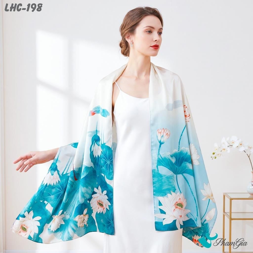 Khăn Choàng Lụa Hàng Châu Màu Xanh Ngọc Họa Tiết Hoa Sen Thanh Khiết (LHC198)