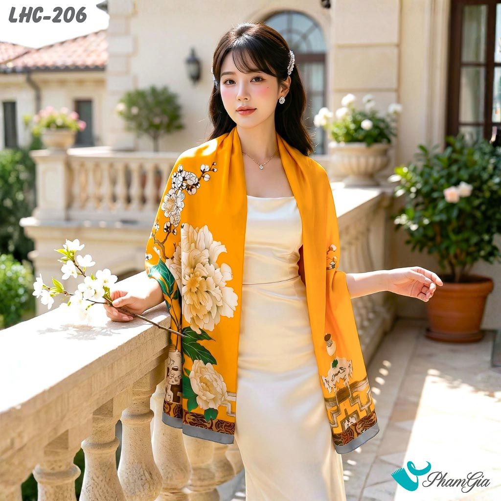 Khăn Choàng Lụa Hàng Châu Màu Vàng Nghệ Họa Tiết Hoa Mẫu Đơn Quý Phái (LHC206)