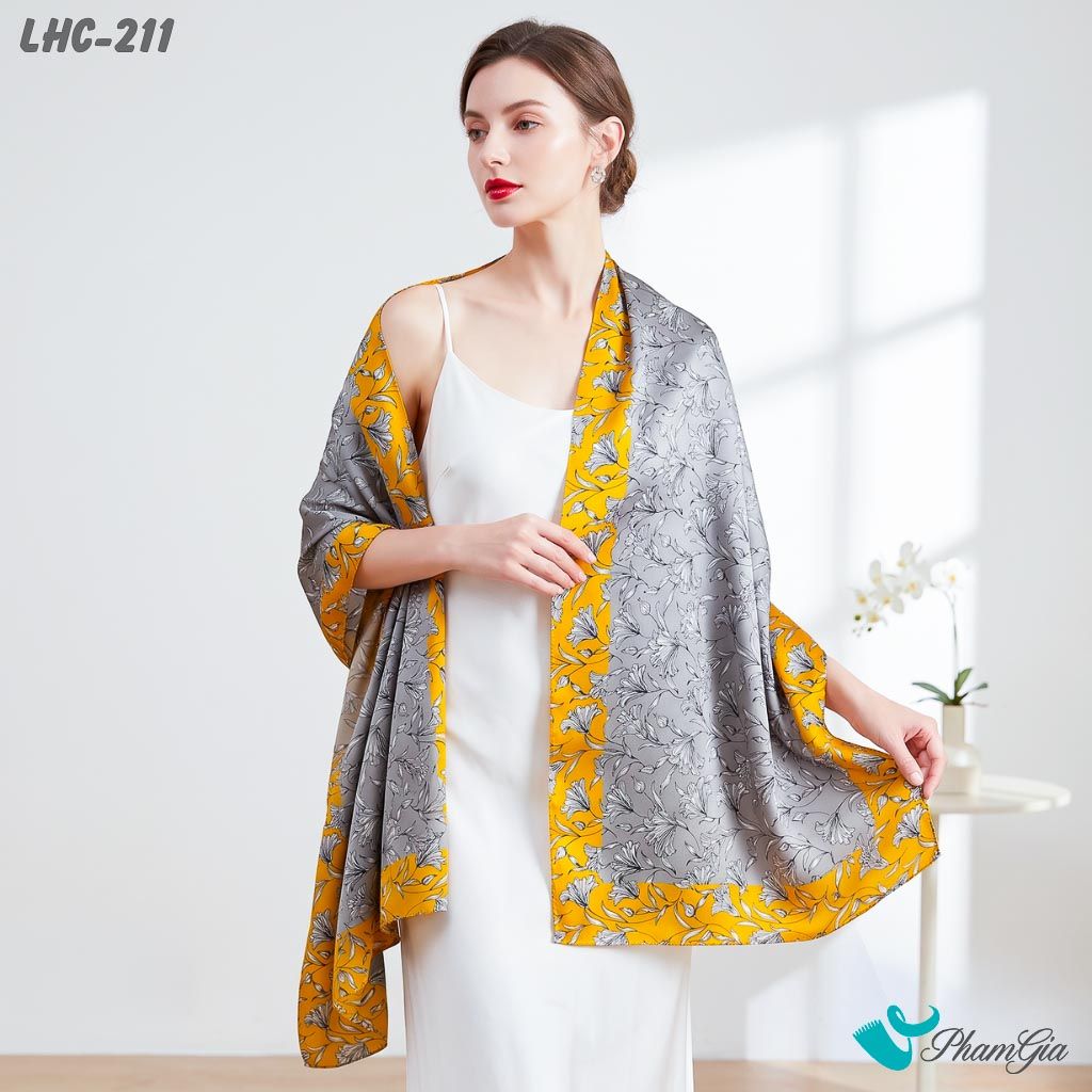 Khăn Choàng Lụa Hàng Châu Màu Xám Khói Họa Tiết Hoa Thủy Tiên Trang Nhã (LHC211)