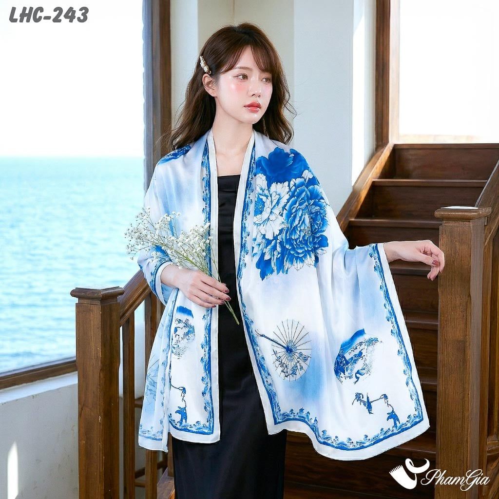 Khăn Choàng Lụa Hàng Châu Màu Trắng Xanh Coban Họa Tiết Hoa Mẫu Đơn Trang Nhã (LHC243)