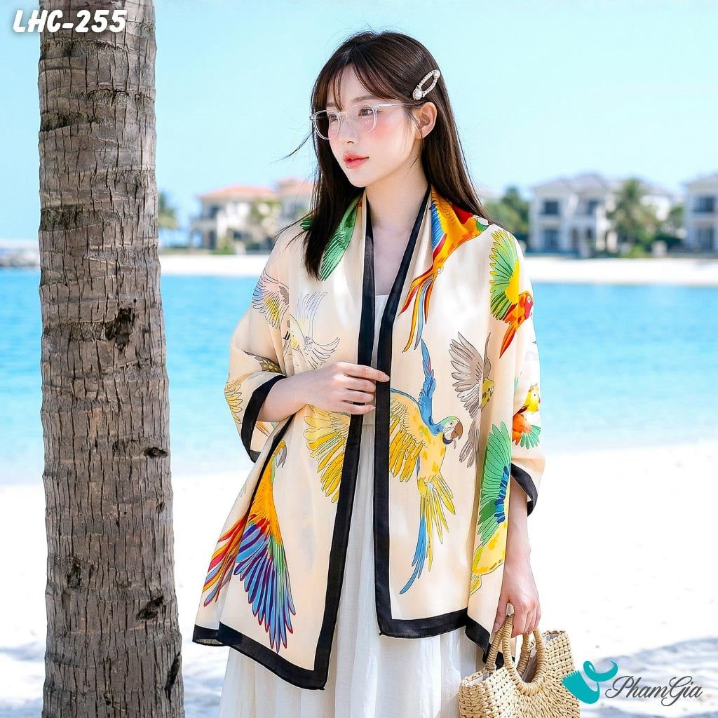 Khăn Choàng Lụa Hàng Châu Họa Tiết Chim Vẹt Phối Nhiều Màu Rực Rỡ (LHC255)
