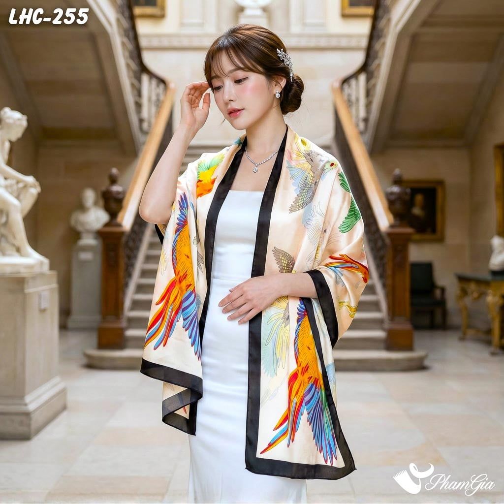 Khăn Choàng Lụa Hàng Châu Họa Tiết Chim Vẹt Phối Nhiều Màu Rực Rỡ (LHC255)