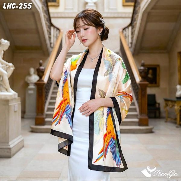 Khăn Choàng Lụa Hàng Châu Họa Tiết Chim Vẹt Phối Nhiều Màu Rực Rỡ (LHC255)