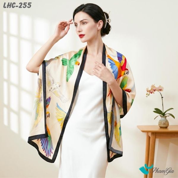 Khăn Choàng Lụa Hàng Châu Họa Tiết Chim Vẹt Phối Nhiều Màu Rực Rỡ (LHC255)