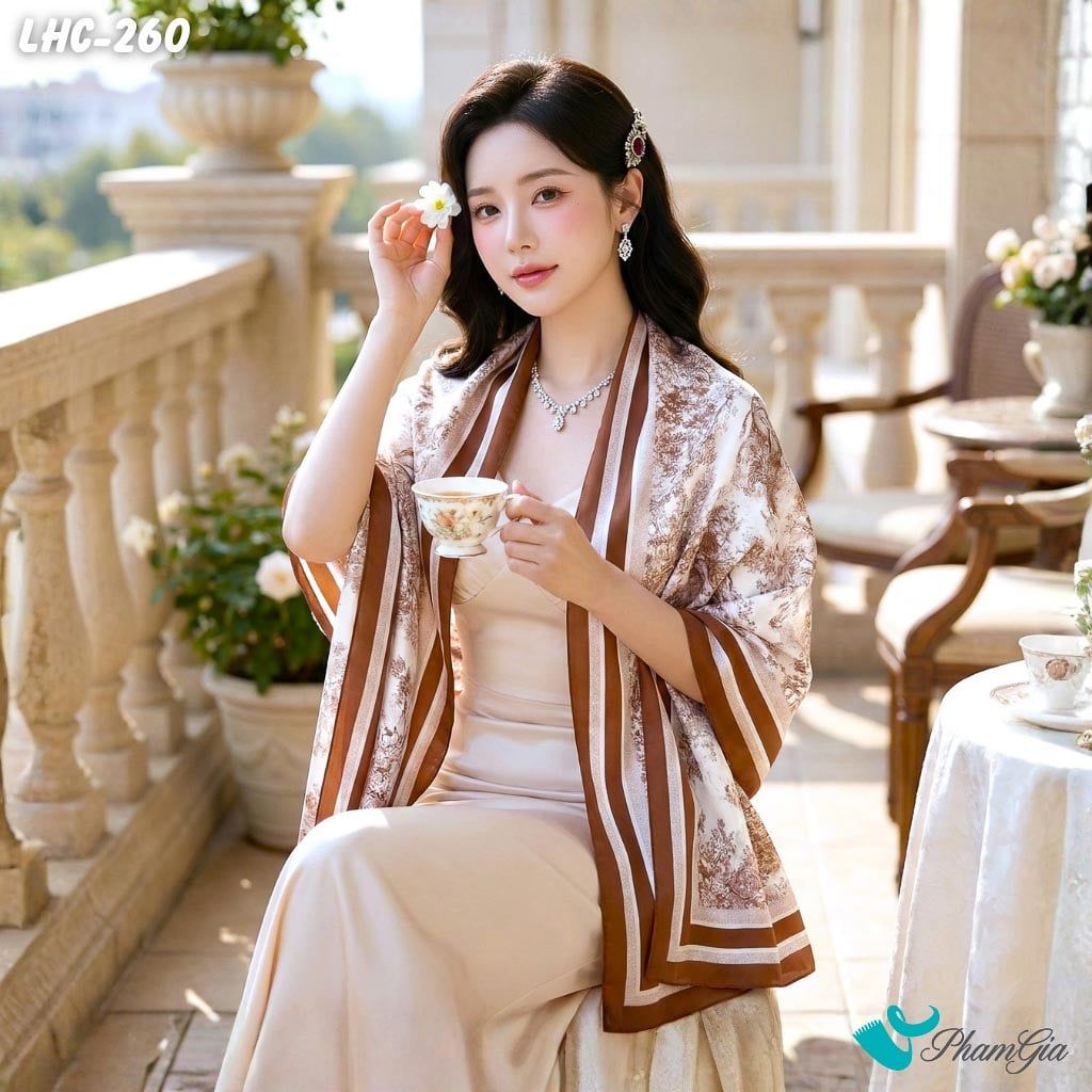 Khăn Choàng Lụa Hàng Châu Họa Tiết Rừng Đại Ngàn Màu Nâu (LHC260)