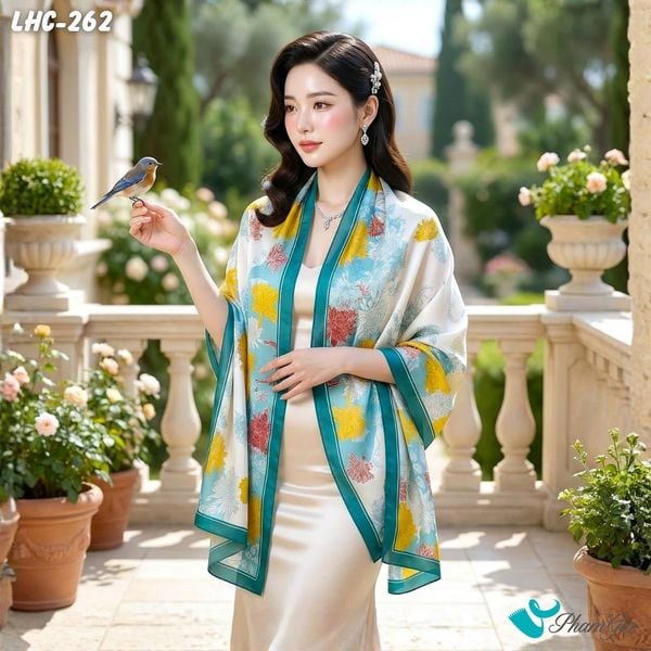 Khăn Choàng Lụa Hàng Châu Họa Tiết Hoa Cúc Đại Đóa Màu Xanh (LHC262)