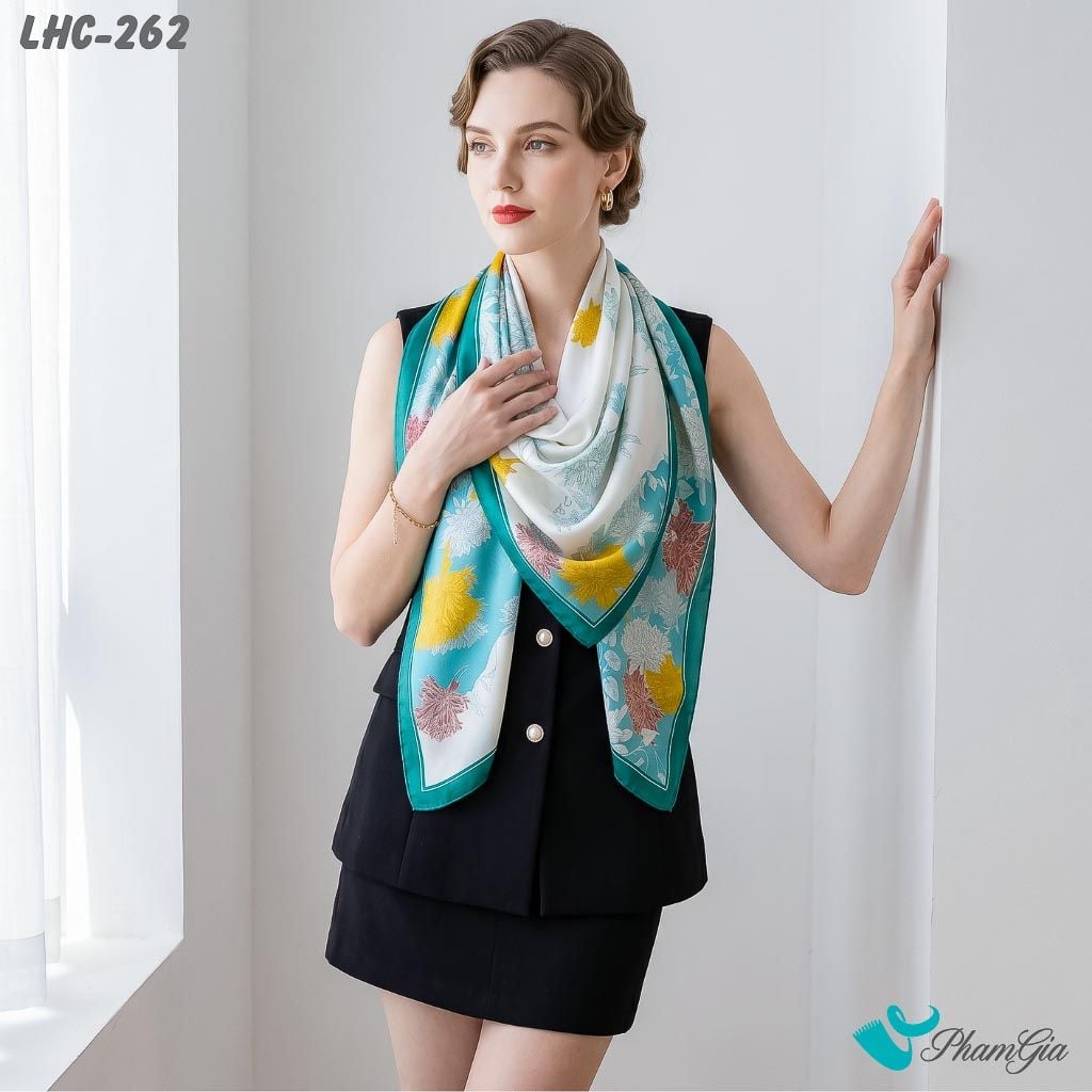 Khăn Choàng Lụa Hàng Châu Họa Tiết Hoa Cúc Đại Đóa Màu Xanh (LHC262)