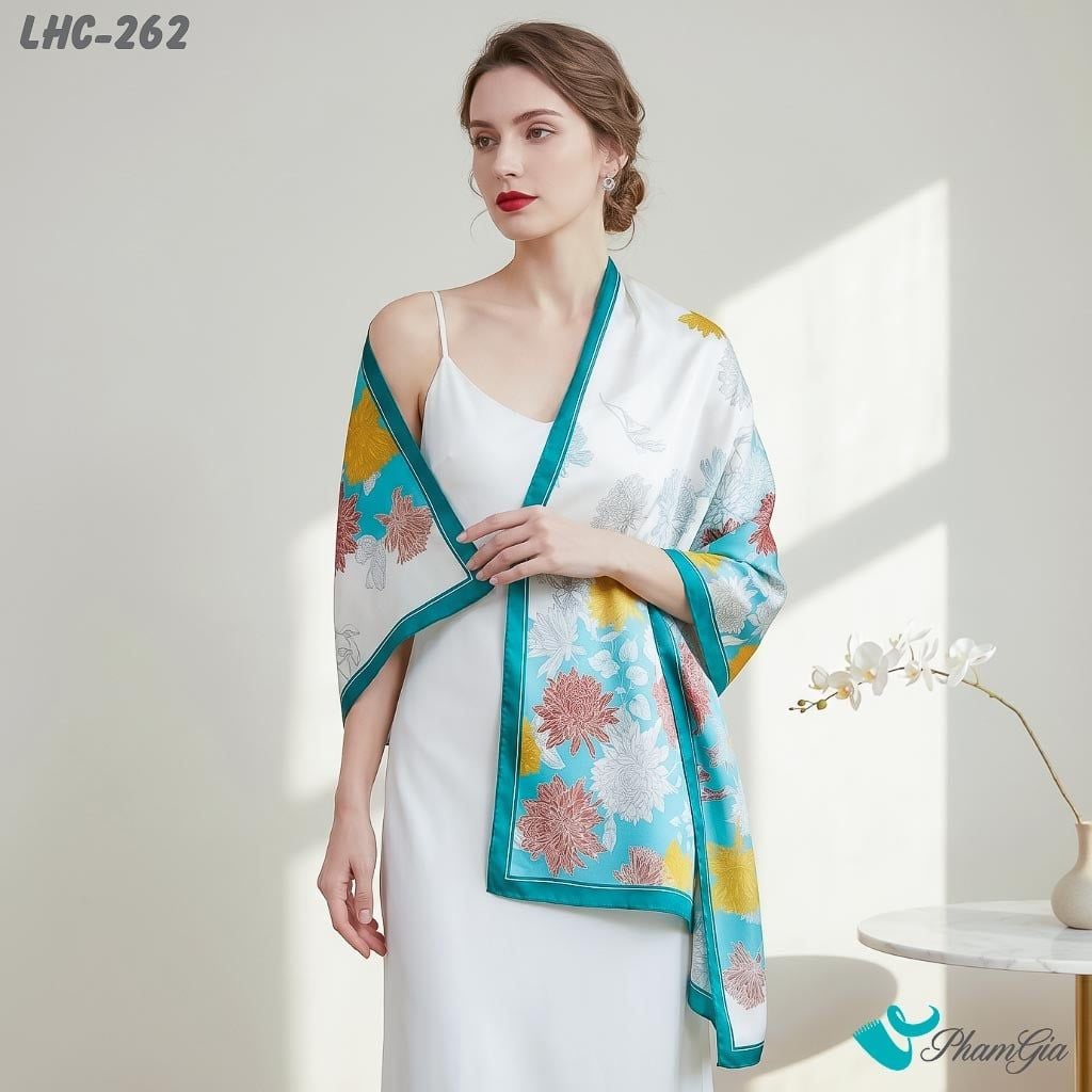 Khăn Choàng Lụa Hàng Châu Họa Tiết Hoa Cúc Đại Đóa Màu Xanh (LHC262)