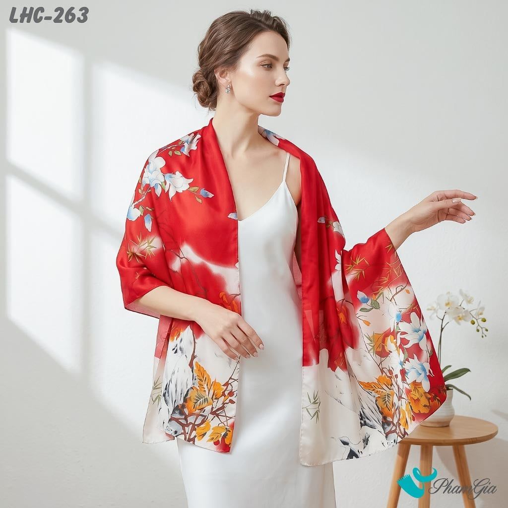 Khăn Choàng Lụa Hàng Châu Họa Tiết Hoa Mộc Lan Màu Đỏ (LHC263)