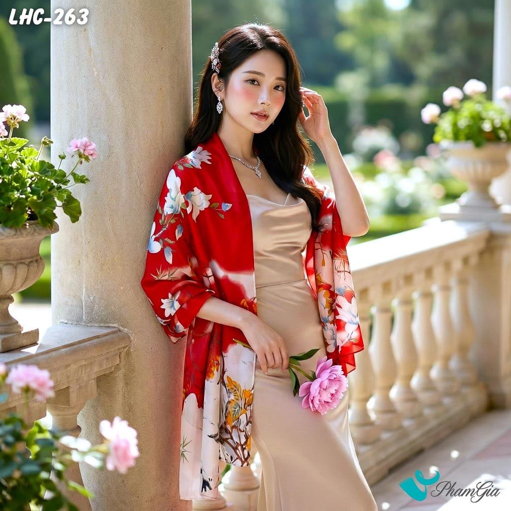 Khăn Choàng Lụa Hàng Châu Họa Tiết Hoa Mộc Lan Màu Đỏ (LHC263)