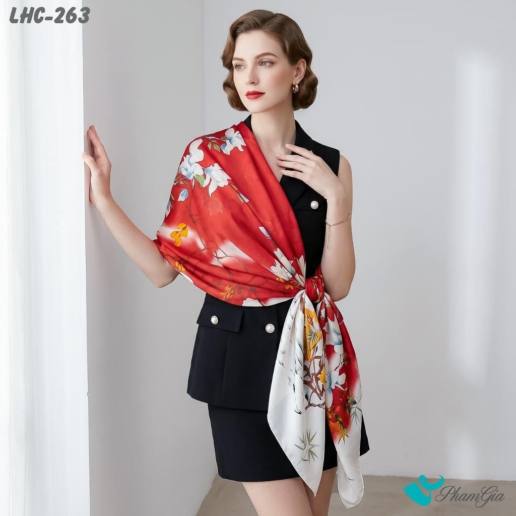 Khăn Choàng Lụa Hàng Châu Họa Tiết Hoa Mộc Lan Màu Đỏ (LHC263)