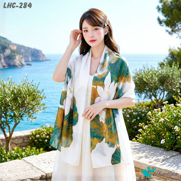 Khăn Choàng Lụa Hàng Châu Họa Tiết Hoa Sen Trắng Trang Nhã (LHC284)