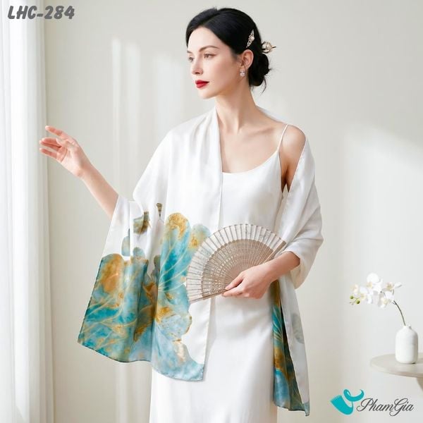 Khăn Choàng Lụa Hàng Châu Họa Tiết Hoa Sen Trắng Trang Nhã (LHC284)