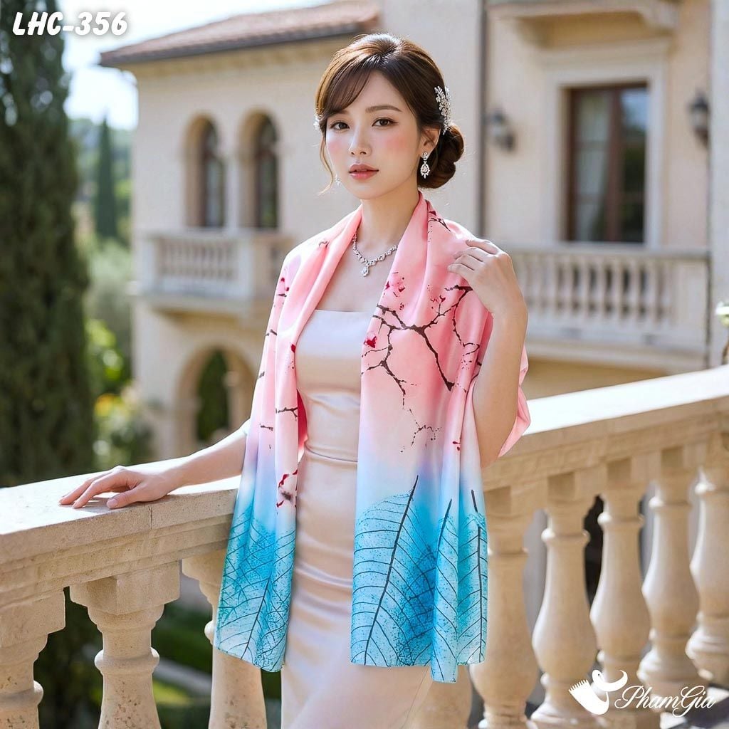 Khăn Choàng Lụa Hàng Châu Họa Tiết Cành Đào Màu Hồng Trang Nhã (LHC356)