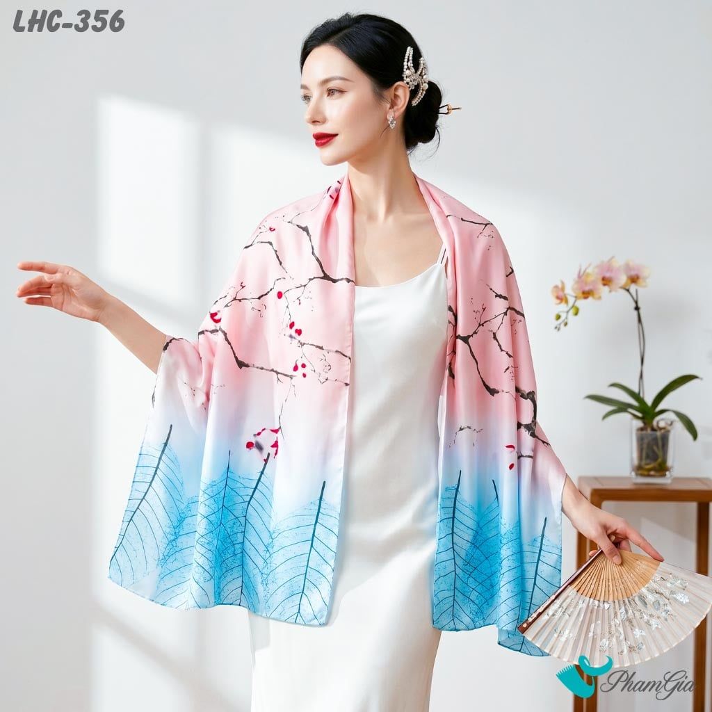 Khăn Choàng Lụa Hàng Châu Họa Tiết Cành Đào Màu Hồng Trang Nhã (LHC356)