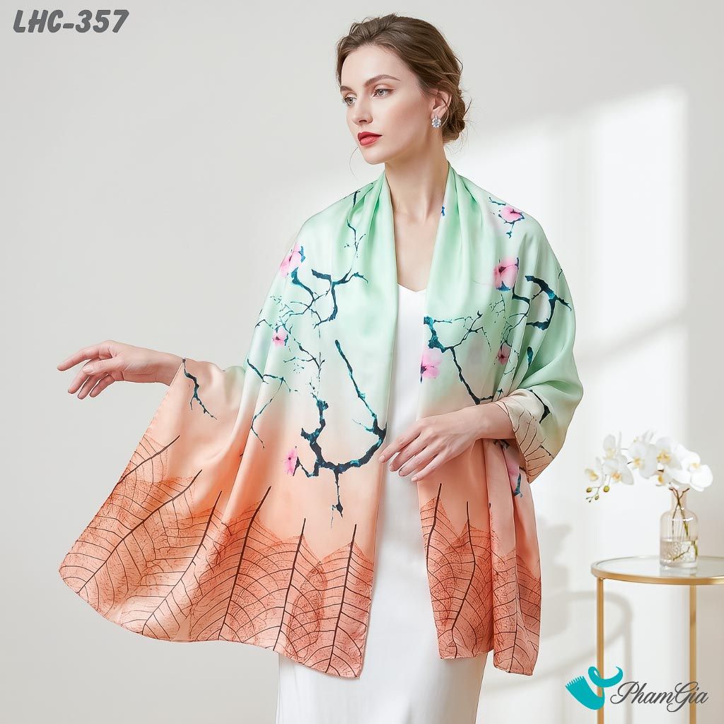 Khăn Choàng Lụa Hàng Châu Họa Tiết Cành Đào Màu Xanh Mint Trang Nhã (LHC357)