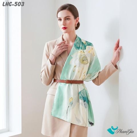 Khăn Choàng Lụa Hương Châu Màu Xanh Ngọc Họa Tiết Hoa Sen Cá Chép Thanh Tao (LHC503)