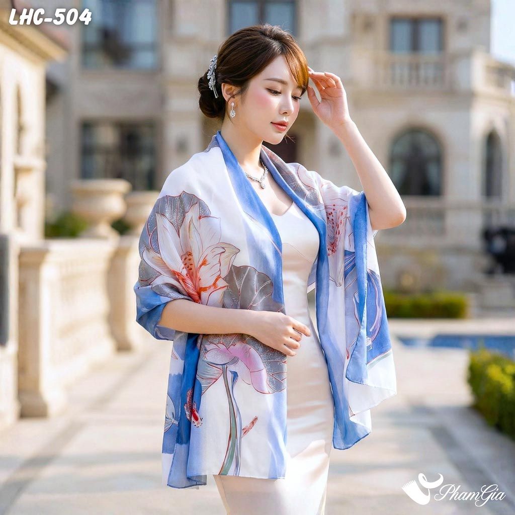 Khăn Choàng Lụa Hàng Châu Màu Xanh Biển Họa Tiết Hoa Sen Cá Chép Trang Nhã (LHC504)