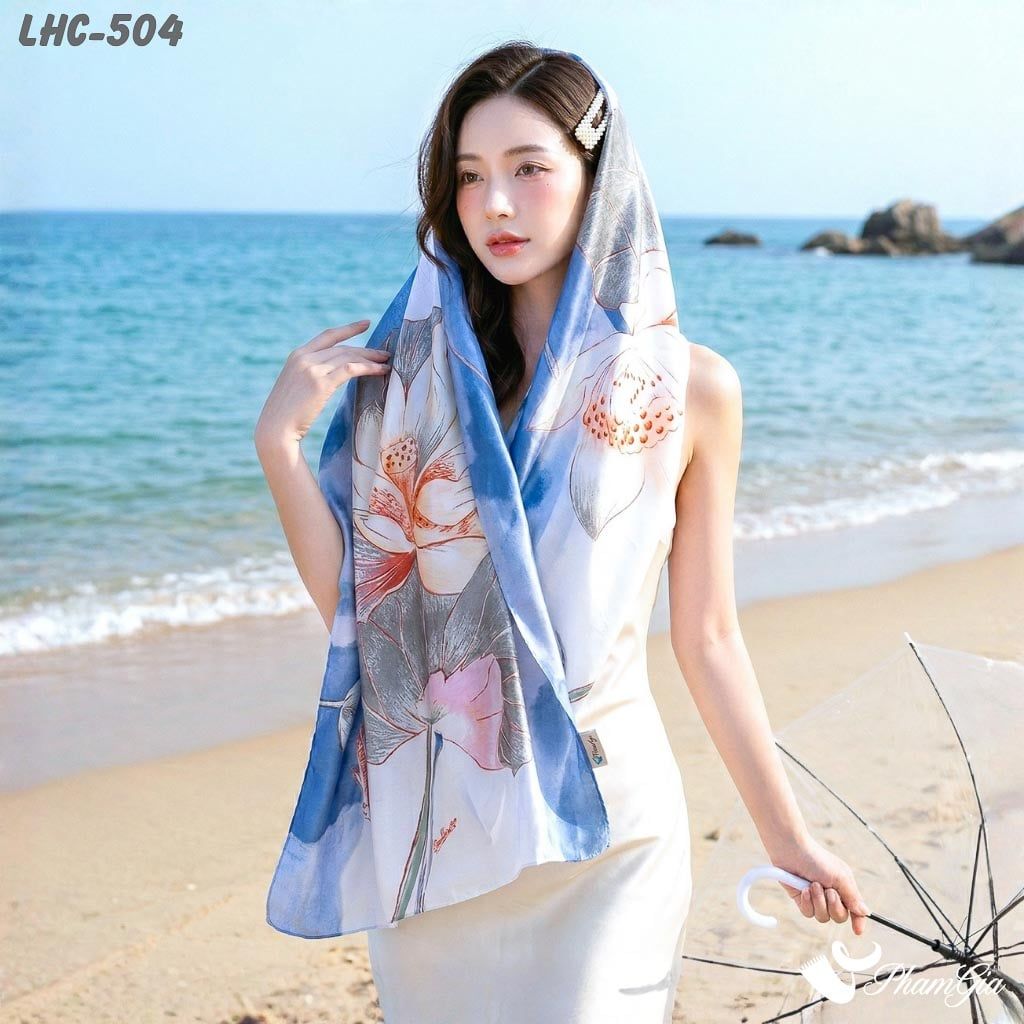 Khăn Choàng Lụa Hàng Châu Màu Xanh Biển Họa Tiết Hoa Sen Cá Chép Trang Nhã (LHC504)