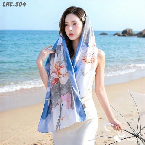 Khăn Choàng Lụa Hàng Châu Màu Xanh Biển Họa Tiết Hoa Sen Cá Chép Trang Nhã (LHC504)