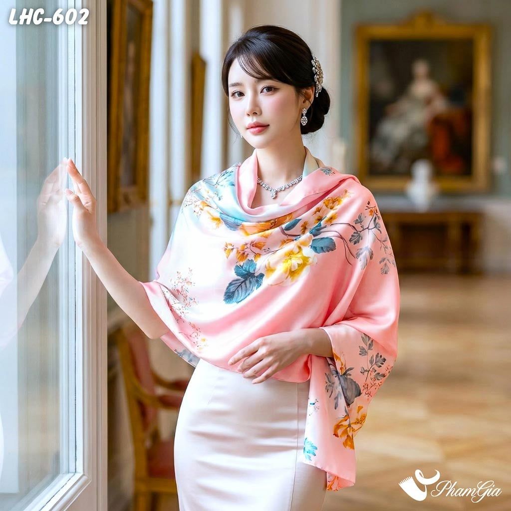 Khăn Lụa Hàng Châu Màu Hồng Baby Họa Tiết Hoa Vàng Thanh Lịch (LHC602)