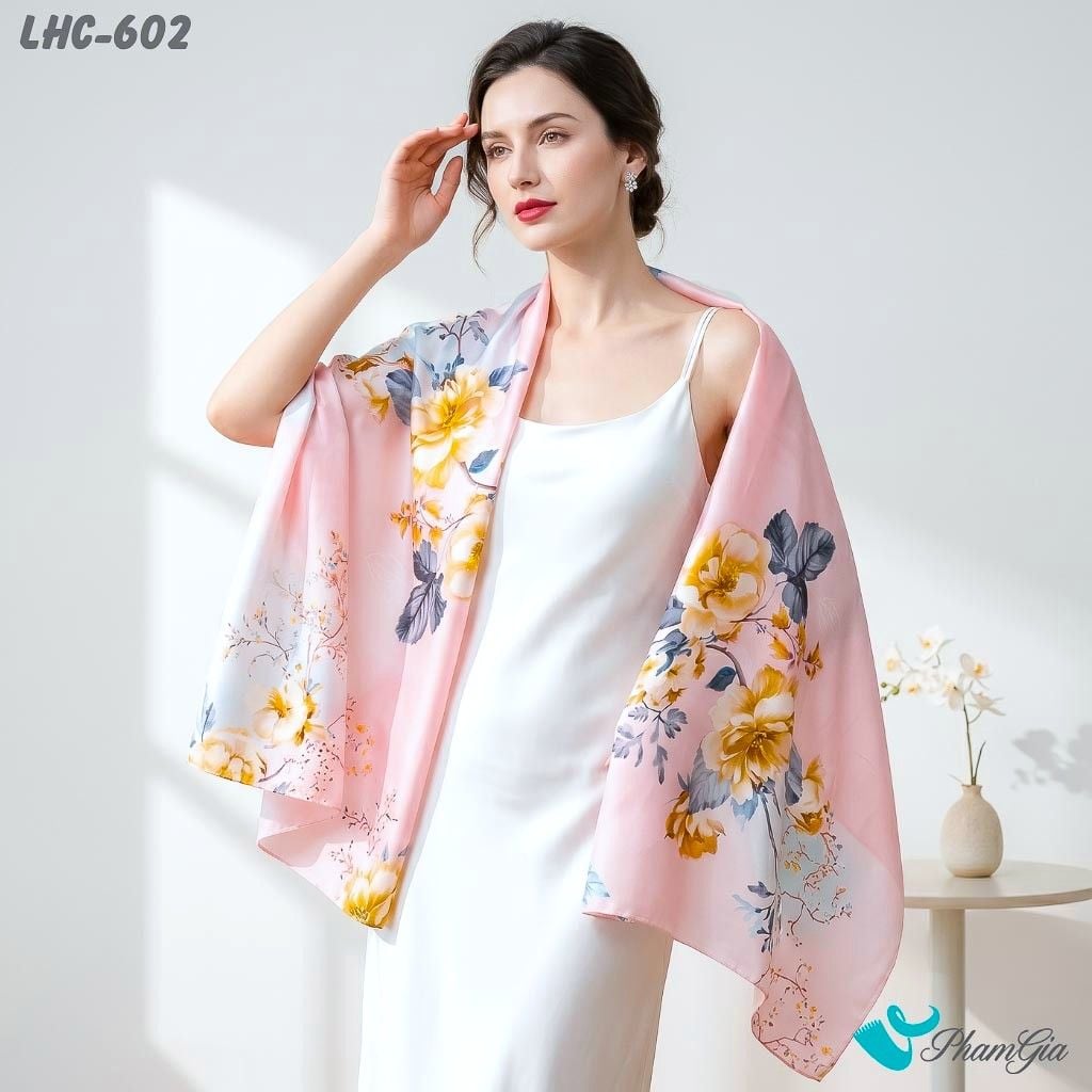Khăn Lụa Hàng Châu Màu Hồng Baby Họa Tiết Hoa Vàng Thanh Lịch (LHC602)