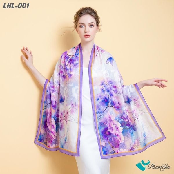 Khăn Choàng Lụa Hoa Linh Cao Cấp Họa Tiết Hoa Mộc Lan Màu Tím Trang Nhã (LHL001)